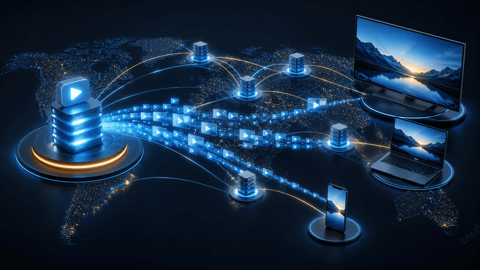 Global video segments flowing from an origin through distributed edge nodes to televisions and mobile devices