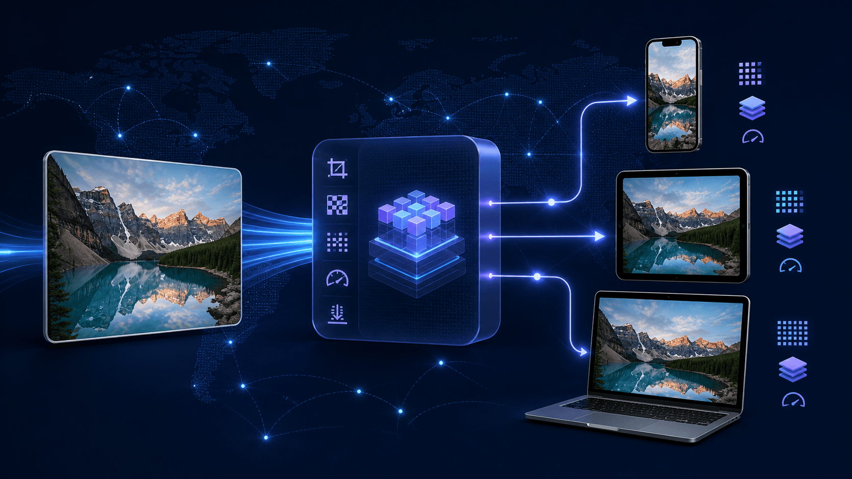 A source image transformed and delivered as optimized variants through a global edge network