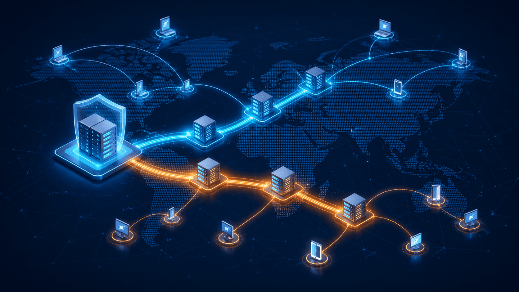 Two independent CDN paths carrying media traffic from one origin to users worldwide