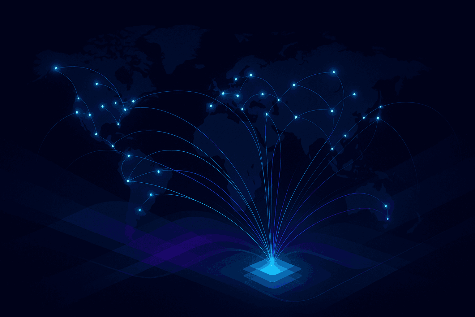 Global network edge nodes connected by flowing data streams on dark background representing CDN for video delivery infrastructure