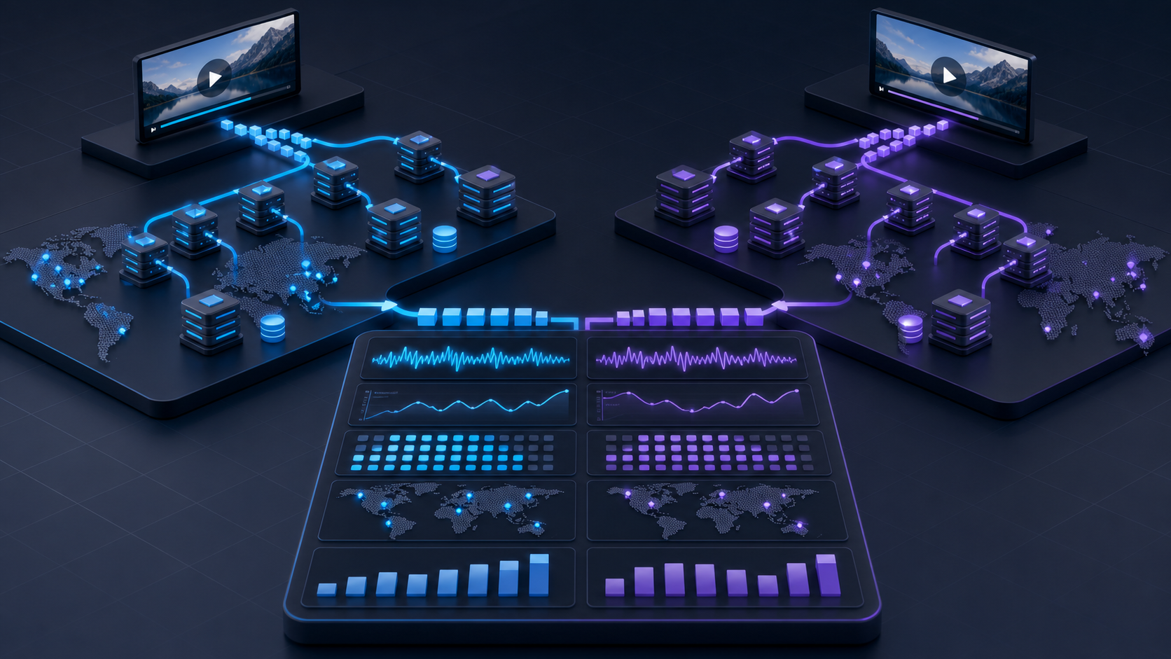 A video delivery evaluation dashboard comparing playback quality, cache performance, regional results and cost