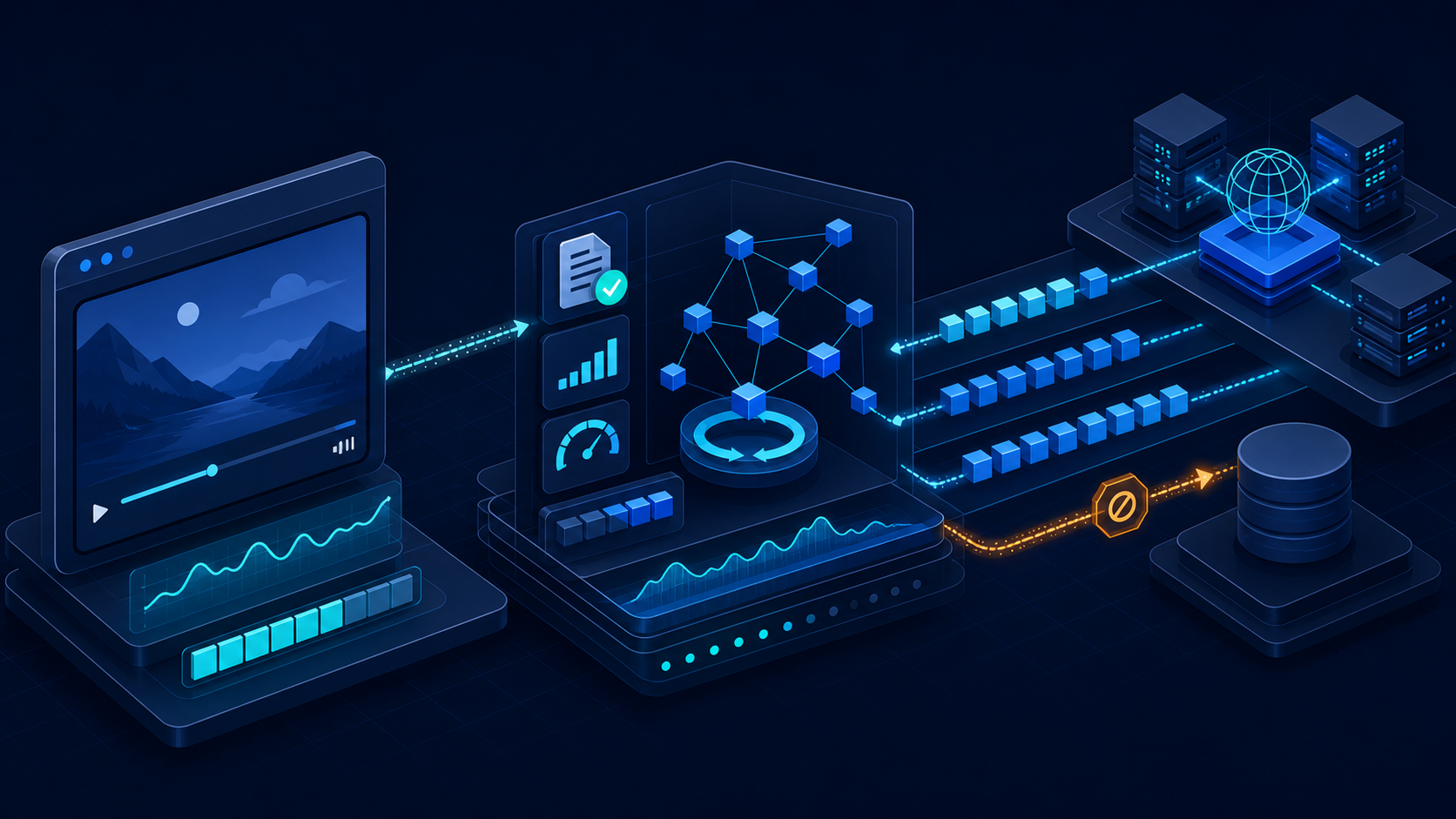 HLS playback pipeline with manifest checks, adaptive streams, and a blocked request path