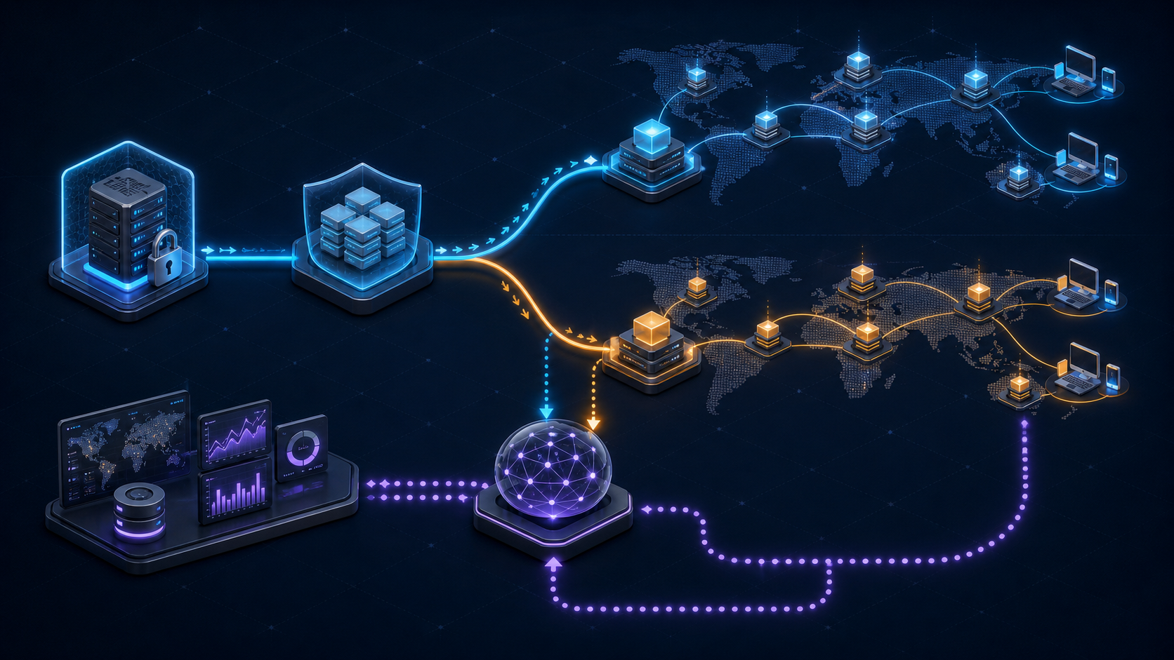 Operations view of two CDN pathways, shared origin shield, telemetry, and policy-based traffic steering