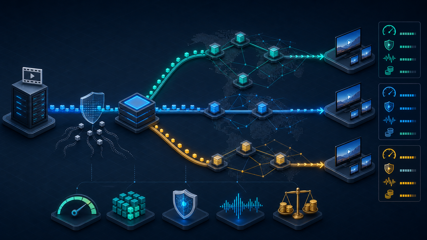 Three CDN delivery paths compared by speed, security, reliability, and cost